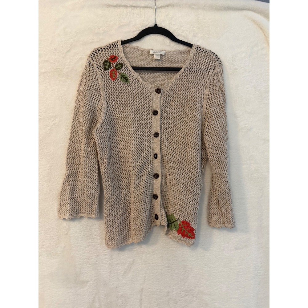 Christopher & Banks Cardigan Womens XL Tan Open Knit Embroidered Leaves Sweater
